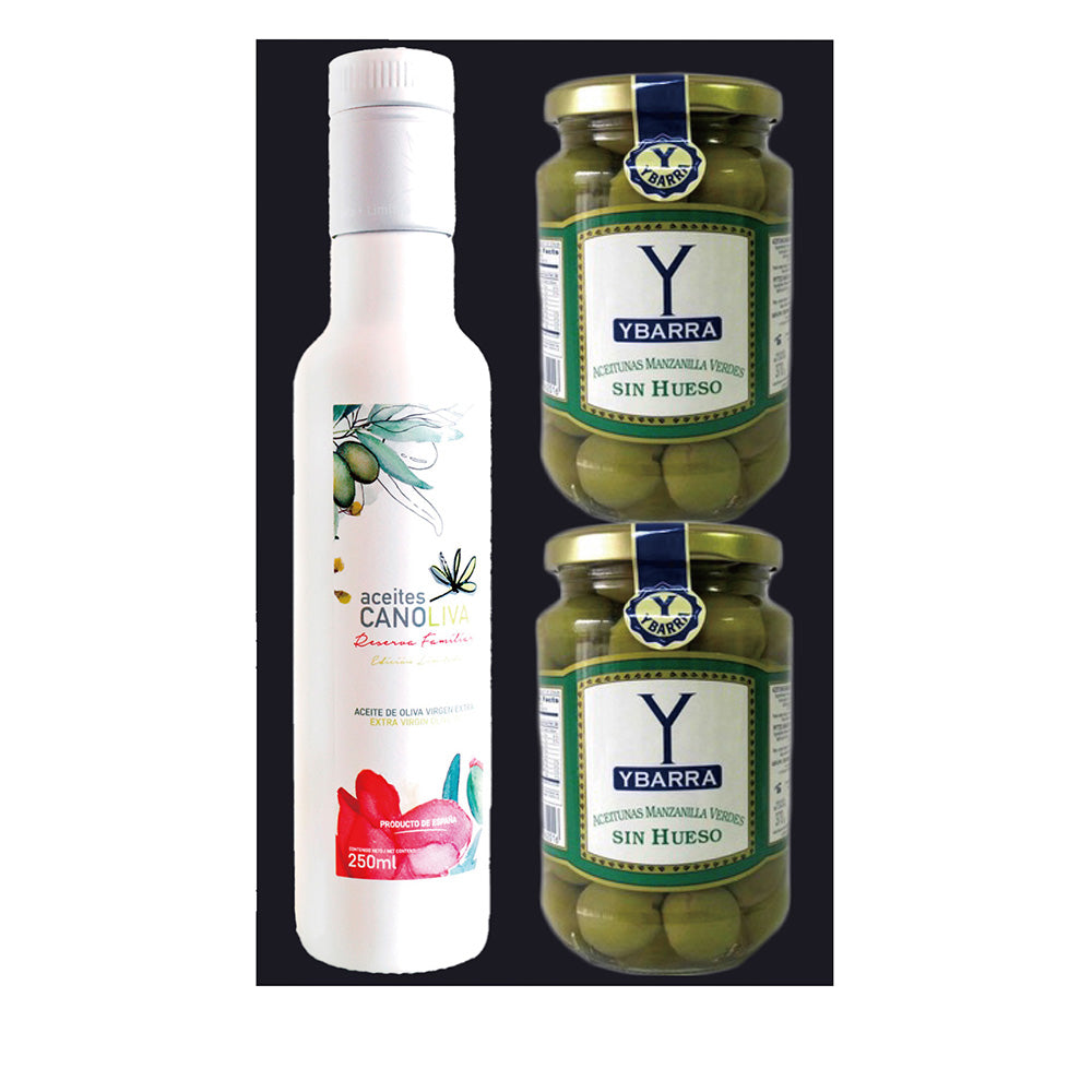 スペイン産 種なしオリーブの実とエキストラバージンオリーブオイルセット